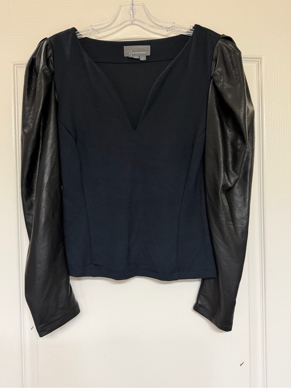 By Anthropologie Black Faux Leather Puff Sleeve Plunge V Neck Fitted Top Medium